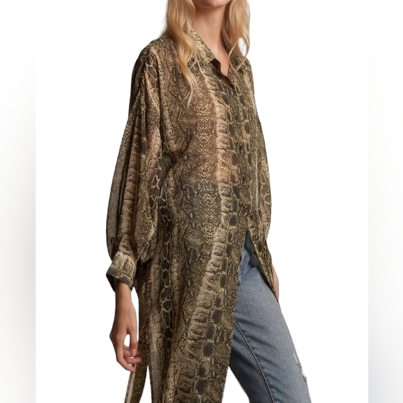 Snake Print Sheer Tunic Collared Midi/ Maxi Shirt Dress Top - Picture 2 of 15